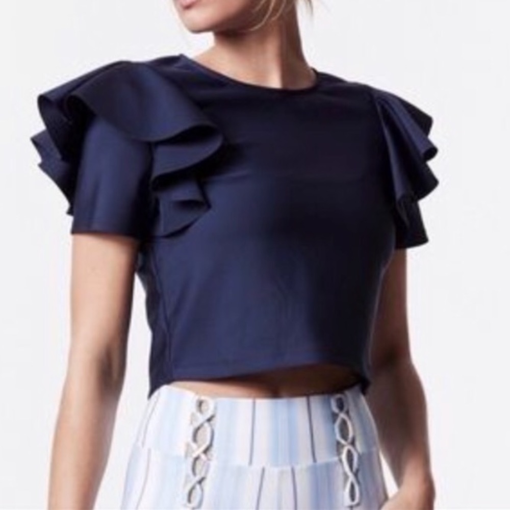 Navy Cold Shoulder Ruffle Crop Top by Carbon38